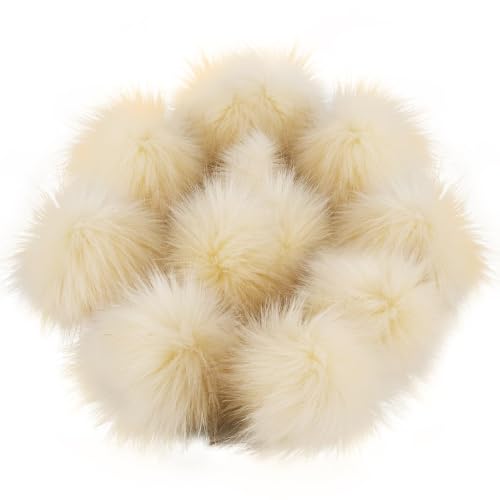 12 Pieces Cream Faux Fur Pom Pom Balls with Elastic Loop