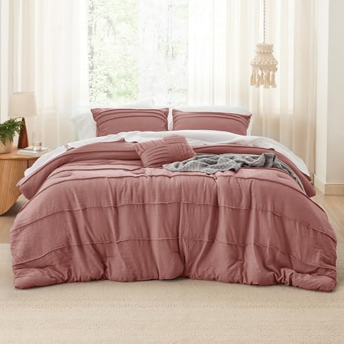 Image of Bedsure King Comforter Set - 4 Pieces Pinch Pleat Bed Set, Dusty Pink Boho Bedding for All Season, 1 Soft Comforter, 2 Pillowcases, 1 Decorative Pillow