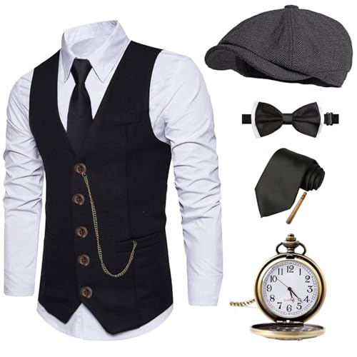 EFORLED 1920s Mens Costume Fedora Hat,Gatsby Gangster Vest,Vintage Pocket Watch,Pre Tied Bow Tie,Tie