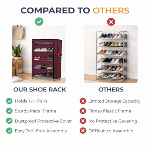 Image of Metal Shoe Stand with Cover, 4 Tier Shoe Organizer for Home & Office - Maroon