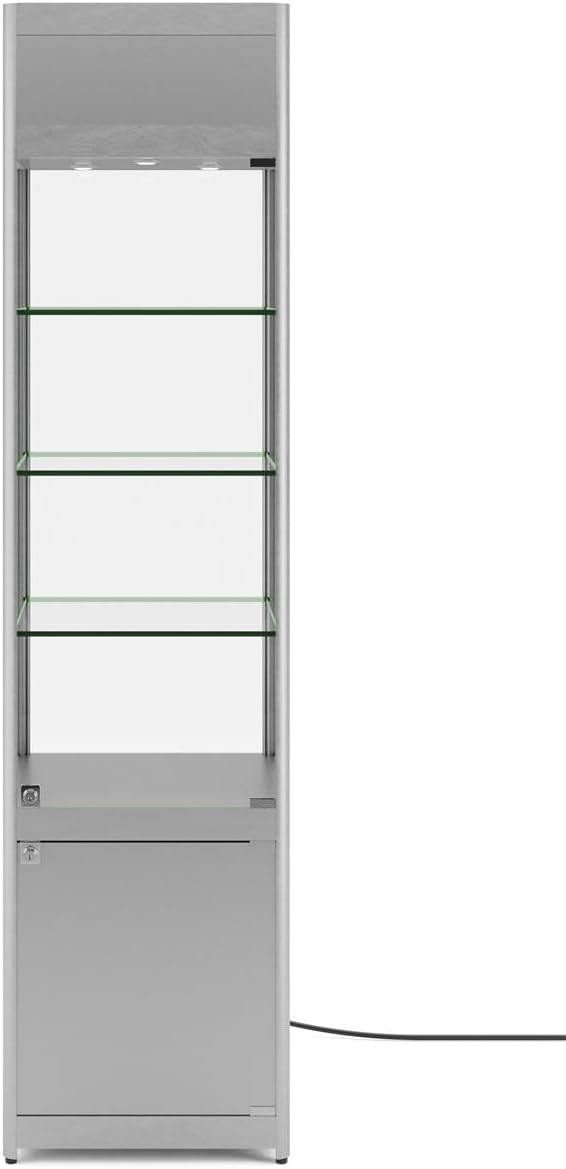 Displays2go, Retail Showcase Tower with Lighting, Laminated MDF, Aluminum, Tempered Glass, Silver (SCTWRLEDS)