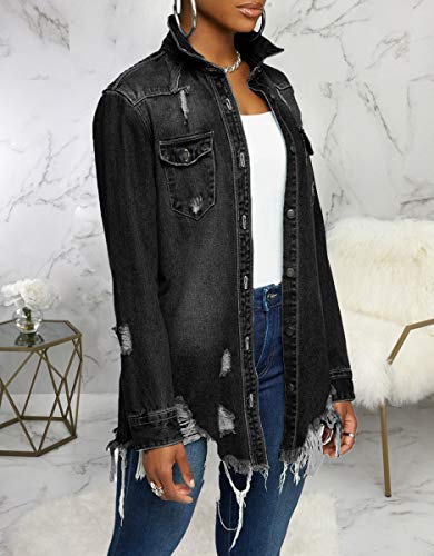 Laiyivic Black Jean Jacket Women Distressed Ripped Long Sleeve Oversized Denim Jackets Xl #TOP3