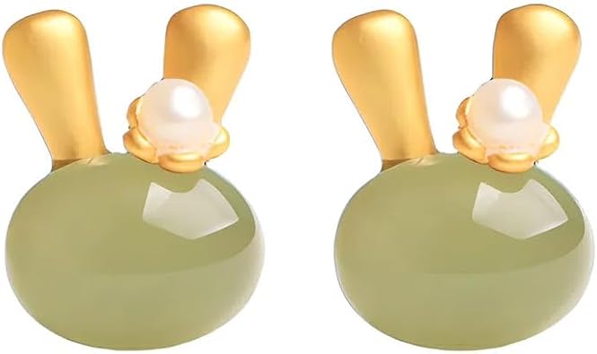 Handmade Cute Rabbit Studs Earrings for Women 24K Gold Plated Silver Pearl Flower Decor Hetian Jade Stud Eardrop