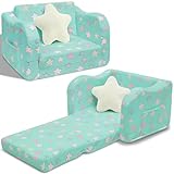 2-in-1 Kids Couch Fold Out with Star Pillow, Toddler Couch Bed Comfy-Convertible Sofa Lounger for Playroom - Green