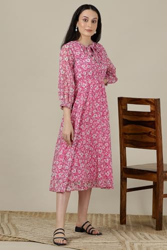 Robe western évasée motif imprimé floral rose style bohème chic - 6
