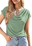 PRETTYGARDEN Womens Tops Dressy Casual Clothing 2026 Summer Cowl Neck Short Sleeve Blouses Spring Business Work Office Shirts (Sage Green,Large)