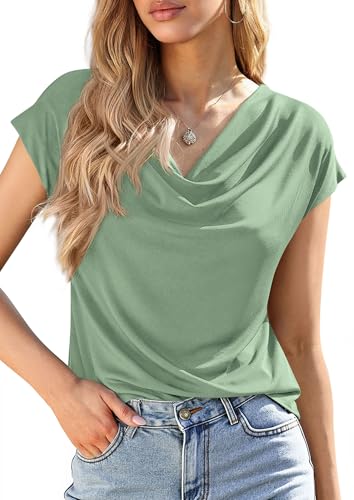 PRETTYGARDEN Womens Tops Dressy Casual Clothing 2026 Summer Cowl Neck Short Sleeve Blouses Spring Business Work Office Shirts (Sage Green,Large)