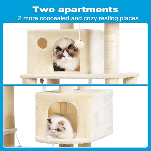 Image of Hey-brother Large Multi-Level Cat Tree Condo Furniture with Sisal-Covered Scratching Posts, 2 Bigger Plush Condos, Perch Hammock for Kittens, Cats and Pets Beige MPJ020M