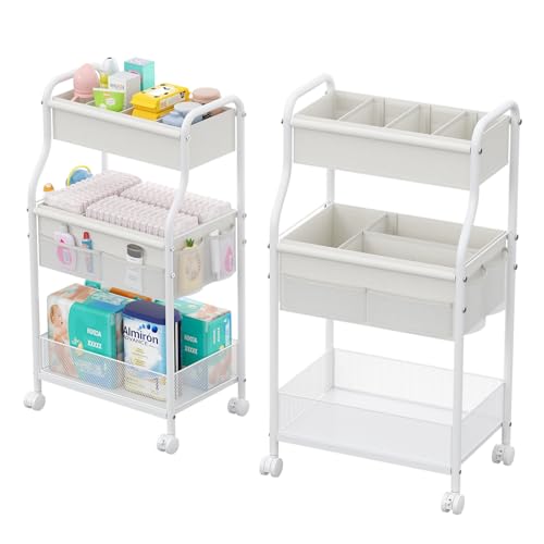 Diaper Caddy Organizer 3-Tier Rolling Cart, Metal Utility Cart with