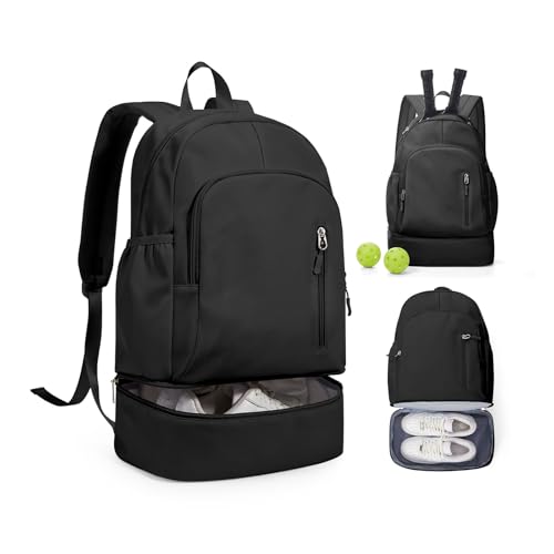 Black Gym Backpack for Women Men with Expandable Shoe Compartment, Mini Foldable Outdoor Weekender Hiking Bag Sports Backpack for Swimming Fitness Yoga Dancing