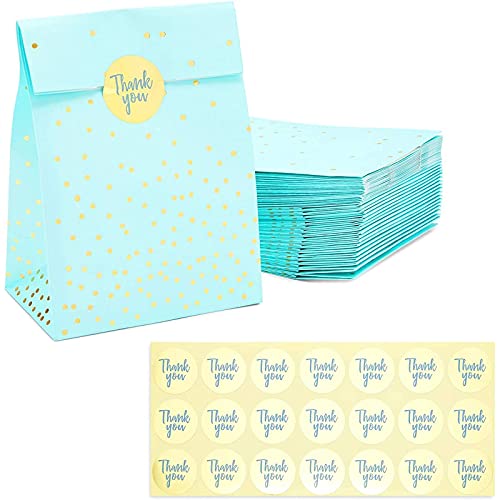 Sacs Cadeaux Bleu Clair avec Poignées, Lot de 36 Sacs de Fête avec Autocollants Dorés, 13 x 22 cm Chacun, Bleu Clair et Or Cover