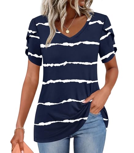 Image of CATHY 2026 Women Tops Summer Short Sleeve Tunic V Neck T-Shirts Loose Casual Floral Blouse S-4XL