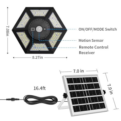 Aqonsie Solar Shed Light Indoor Outdoor Solar Powered Pendant Daytime Work Lights with 5 Lighting Modes & 3 Timers, 180LED Solar Indoor Lights Motion Sensor with Remote Control for Shed Barn Garage