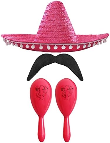 MEXICAN FANCY DRESS ACCESSORY SET - MEXICAN SOMBRERO WITH MARACAS AND TASH BLACK POM POM SOMBRERO + 2X GREEN MARACAS