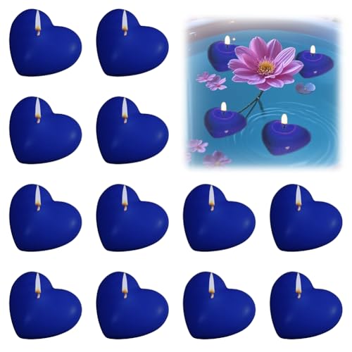 Lot de 12 bougies flottantes en forme de cœur - Bougies flottantes sans parfum - Bougies chauffe-plat pour piscine de mariage, baignoire de Saint-Valentin, fêtes - Bleu