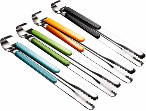 4 Pack Stainless Steel Kitchen Tong, 10 inch Heavy Duty Serving Tong with Heat-Resistant Handle, Grill Clamp Beefsteak Clip in 4Colors for Cooking, BBQ, Meat, Salad, Ice