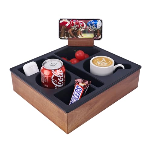 Couch Cup Holder Tray, Hitseon Silicone Acacia Wooden Couch Caddy with Cup Holder for Bed Car Beach, Drink Holder for Couch with Upgrade Removable 360° Rotating Holder Black by Hitseon - Used condition - US$24.81