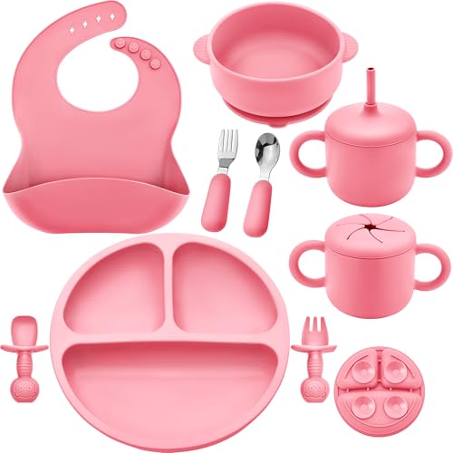 Image of Bufims Silicone Baby Feeding Set, Baby Led Weaning Supplies, Eating Essentials Utensils with Suction Plate and Bowl, Pocket Bib, Sippy Cup with Lid, Forks Spoons Snack Container, for 6+ Months, Pink