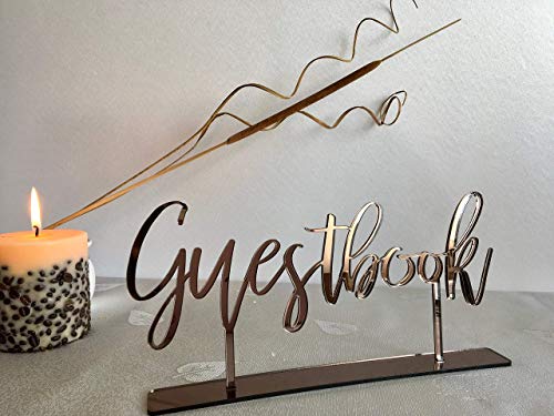 Guestbook with Base Table Signs Calligraphy Wedding Acrylic Free Standing Laser Cut Reception Table Numbers Gold Wood Silver Mirror Event Party Custom Modern Font Please sign Laser Cut Guest Book