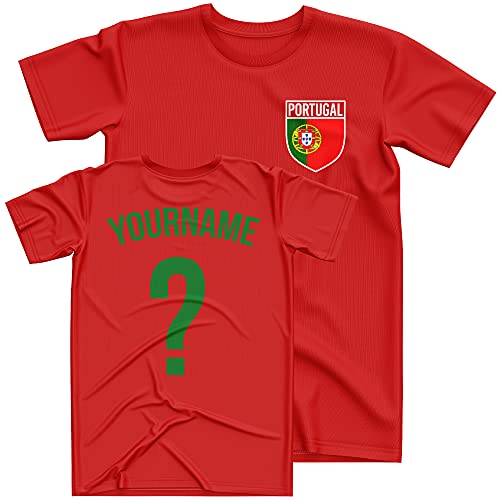 Portugal Football Shirt Kids - Portugal Flag Badge Custom Name And Number T Shirt - Football Personalised Retro Europe Summer 2021 Footy Gifts For Boy - Unique European Footie Top, 12-13 Years, Red