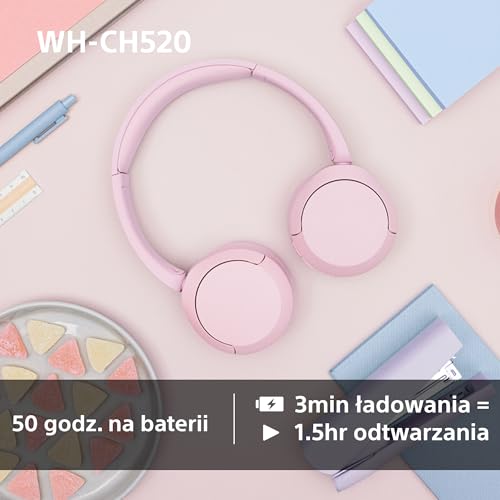 Sony WH-CH520 Bezprzewodowe słuchawki Bluetooth - do 50 godzin pracy na baterii z funkcją szybkiego ładowania, nauszne - różowy