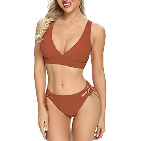 Lomitti Women's Support Bikini Sexy Bathing Suit Bralette Top Tie Bottom Two Piece Swimsuit (XL, Brown) Cover