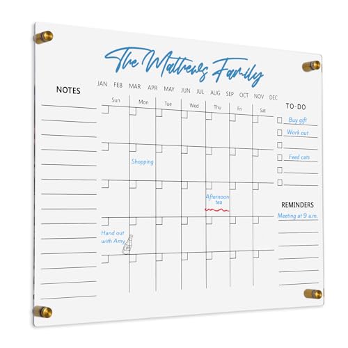 Clear Acrylic Calendar Dry Erase for Wall, Family Planner, Monthly Calendar Dry Erase Whiteboard for Home, Office, 17