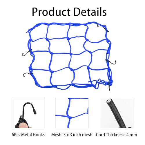 Runseaway 2Pcs 12\" x 12\" Elasticated Bungee Luggage Cargo Net with 6 Adjustable Hooks, Heavy Duty Tie-Down Net for Motorcycles, ATVs, Bikes, Cars, Trucks (Blue)