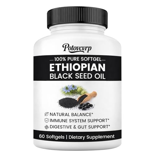 Potovcvrp Ethiopian Black Seed Oil Capsules Organic Cold Pressed Black Cumin Seed Oil Softgels with 4.64% Thymoquinone, Non-GMO, Gluten-Free, Vegan, 60 Count for Immune & Digestive Support