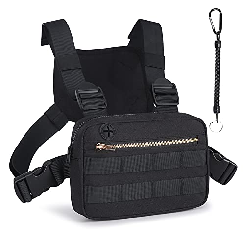 Outdoor Water Resistant Chest Bag, Tactical Chest Rig Bag, Lightweight Chest Pack For Workouts, Running Phone Holder & Vest With Extra Storage For Men Women, Utility Chest Gear Pouch For Walking, Fishing, Cycling, Hiking (M, black)