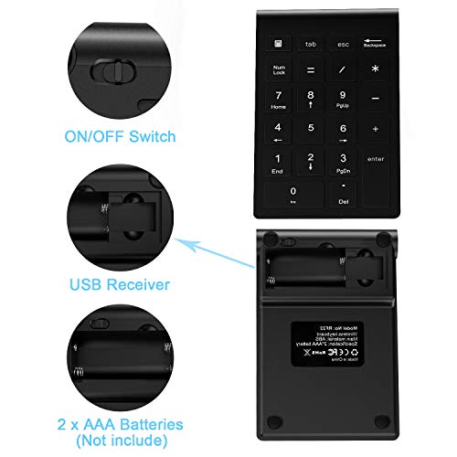 Numeric Keypad, TedGem 2.4GHz Portable Number Pad Wireless Number Pad with USB Receiver, 22-Key Number Pad for Laptop Shortcut Keypad Data Entry for Laptop Desktop Computer PC (Black) - Thumbnail 3