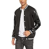 Men's Varsity Baseball Jackets Leather Sleeve Bomber Jacket Lightweight Letterman College Coats Blac