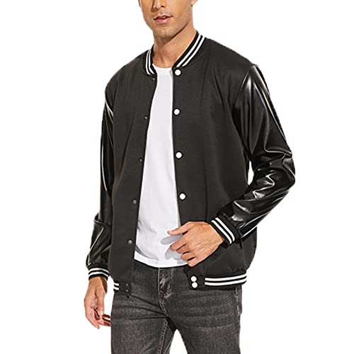 Men's Varsity Baseball Jackets Leather Sleeve Bomber Jacket Lightweight Letterman College Coats Black #TOP11