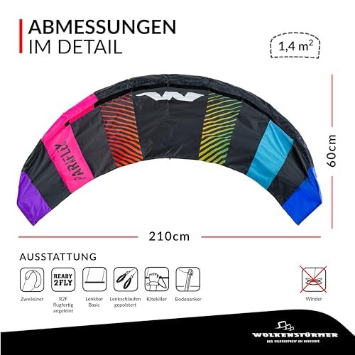 Wolkenstürmer Paraflex SE 2.1 Lenkmatte (schwarz-Rainbow) 2-Leiner Kite - Lenkdrachen im flugfertigen Set mit Dyneema-Leinen, Lenkbar und gepolsterten Handschlaufen