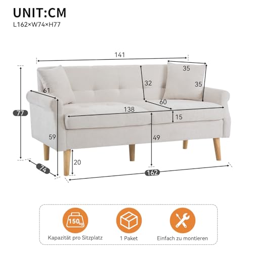 Canapé 2 places velours beige pieds bois 20 cm KOMHTOM