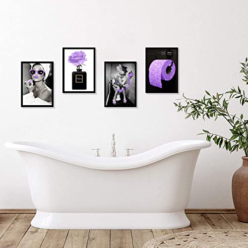 Fashion Wall Art Bathroom Decor Prints Set Of 4 Purple Glam Glitter Tissue Canvas Posters For Bathroom, Women Funny Bathroom Poster,Living Room, Bedroom, Home Aesthetic Decoration (8"X10"No Frame ) #TOP3