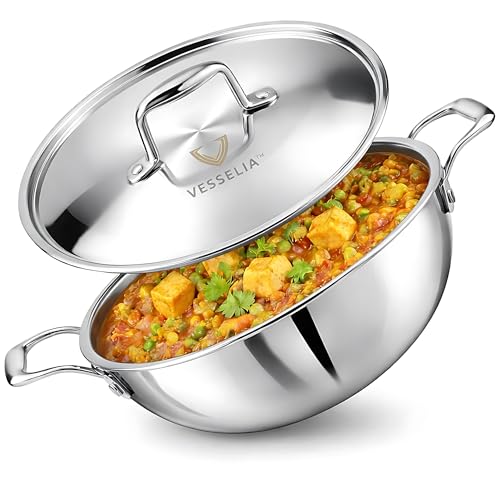 Image of Triply Stainless Steel Kadai with Lid 24 cm (2.5L) | Heavy Bottom | Induction & Gas Compatible | Mirror Finish | Ideal for Cooking & Frying