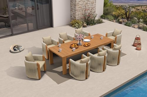 PURPLE LEAF Oudoor Dining Set for 8 with Cushions, PE Rattan, Teak