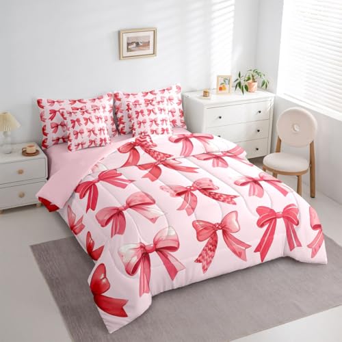 Image of Red Bow Tie Queen Comforter Set with Sheets | Princess Bow 7-Piece Bedding Set Cute Ribbon Bowknot Bed in a Bag, Dreamy Geometric Bowknot Bed Sets,Kawaii Room Decor Aesthetic