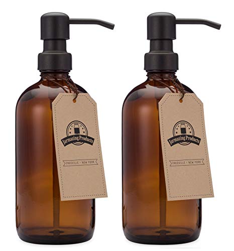 Jarmazing Products Amber Glass Jar Soap and Lotion Dispenser - 2 Pack - with Matte Black Pump - 16 oz - Thumbnail 3