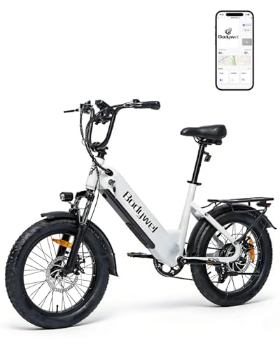 Bodywel F20 E Bike Herren Damen, 20x3.0“ E Fatbike Tiefeinsteiger Elektrofahrrad City Mountain,70-80km Reichweite, 48V 15Ah Akuu, 250W Heckmotor, 4,5“ LED Display, 7-Gang-Getriebe, Federgabel (Weiß)