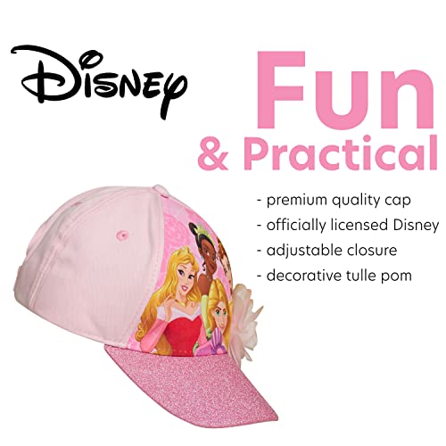 Disney Girls Princess Glitter Baseball Cap - Frozen Elsa, Anna, Cinderella, Belle, Ariel (2-7), Size 2-4T, Princess Pink #TOP2