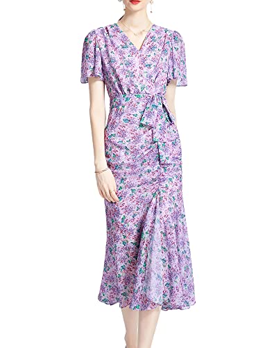 Image of Shineflow Women's V-Neck Short Sleeve Floral Fitted Ruched Midi Dress with Mermaid Hem Cocktail Pencil Dresses