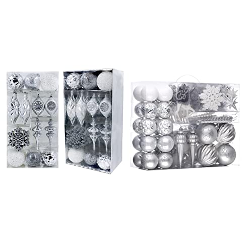 Valery Madelyn Frozen Winter Silver And White Christmas Ball Ornaments, Shatterproof Christmas Tree Ornaments For Xmas Decoration (2 Items Bundle) #TOP22