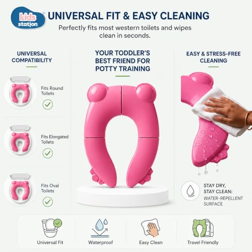 Image of Kids Station Baby Portable & Foldable Baby Unisex Potty Training Toilet Seat with Non-Slip Base, Splash Guard, and Storage Hook-Ideal for 0-6 Year Child, Travel-Friendly (Pink, Foldable Potty Seat)