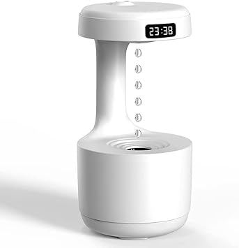 Anti-Gravity Droplet Humidifier,Air Humidifiers For Bedroom Office Desktop,800ml Water Capacity Mini Air Humidifier With Led Smart Display Clock, Usb Rechargeable Quiet Humidifier White