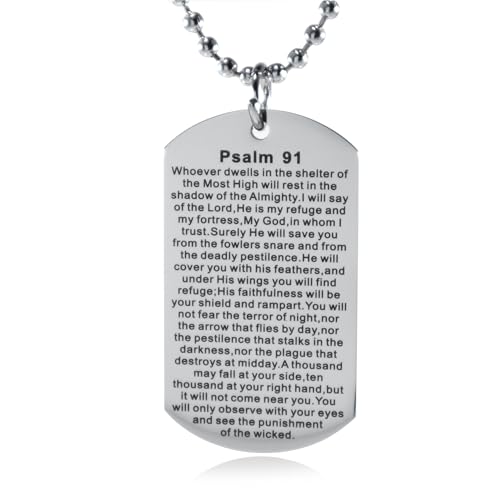 FAYERXL Christian Scripture Psalms 91 Dog Tag Necklace,Catholic Bible Verse Religion Fath Gifts