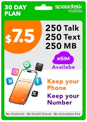SpeedTalk Mobile Prepaid SIM Card – 250 Talk + 250 Text + 250MB - 5G 4G LTE Data – 3-in-1 SIM for Unlocked Phones – No Contract – 30 Day Prepaid Cell Phone Plan USA