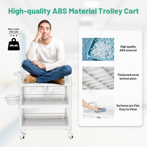 Yeeoy Mobile Medical Cart, 3 Tier Beauty Salon Rolling Cart Ultrasound Trolley with Drawers Wheels, 330 LBS Max Load Professional Utility Cart for Commercial Hospital Dental Office Medical Clinic