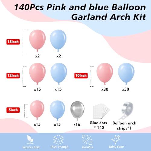 Image of 140Pcs Gender Reveal Balloon Garland Arch Kit - Pink and Blue Balloons Silver Latex Balloon for Boy or Girl Gender Reveal Decorations Birthday Party Baby Shower Celebration Anniversary (No Box)